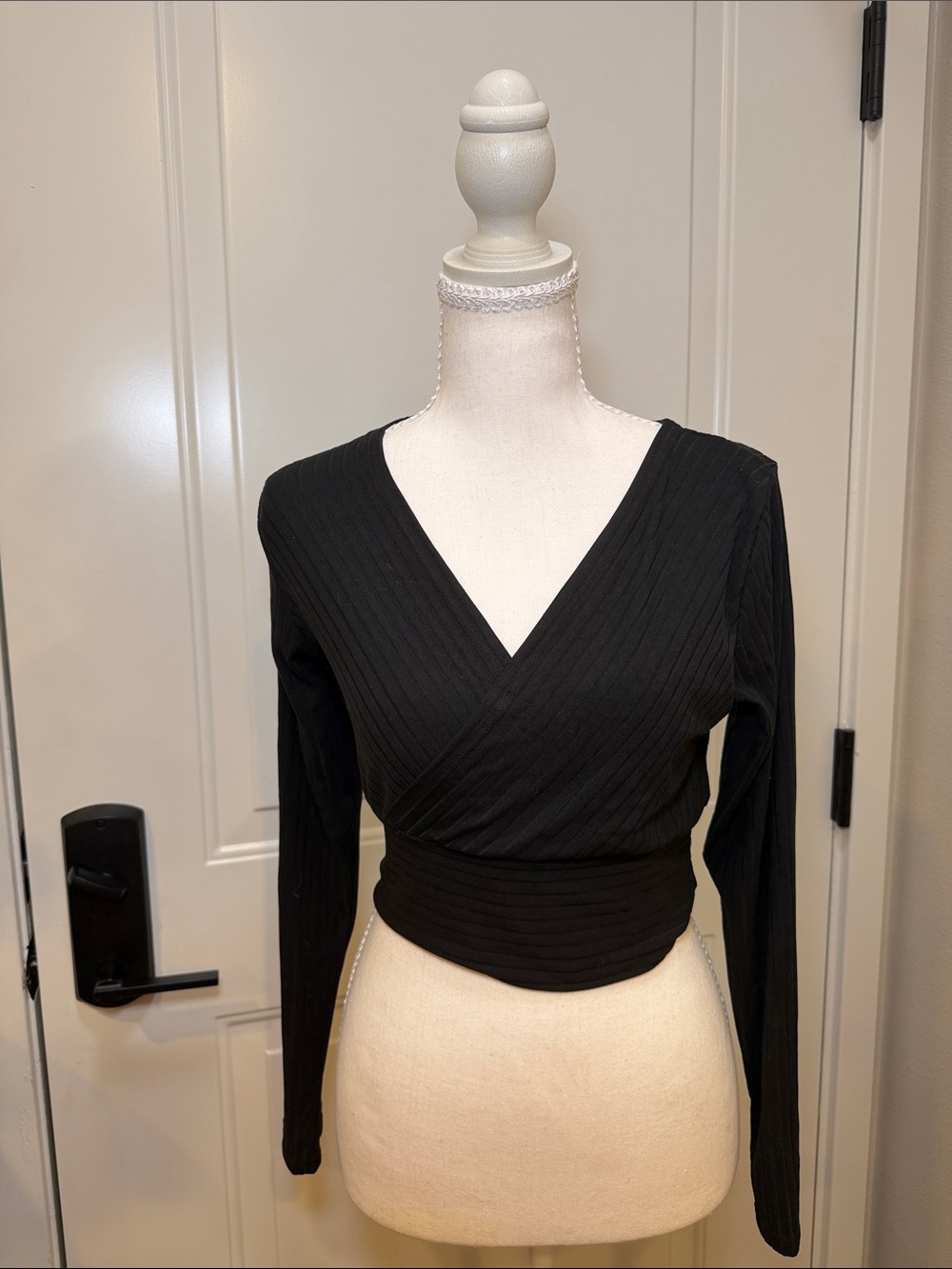 Black Ribbed Wrap-Front Crop Top
